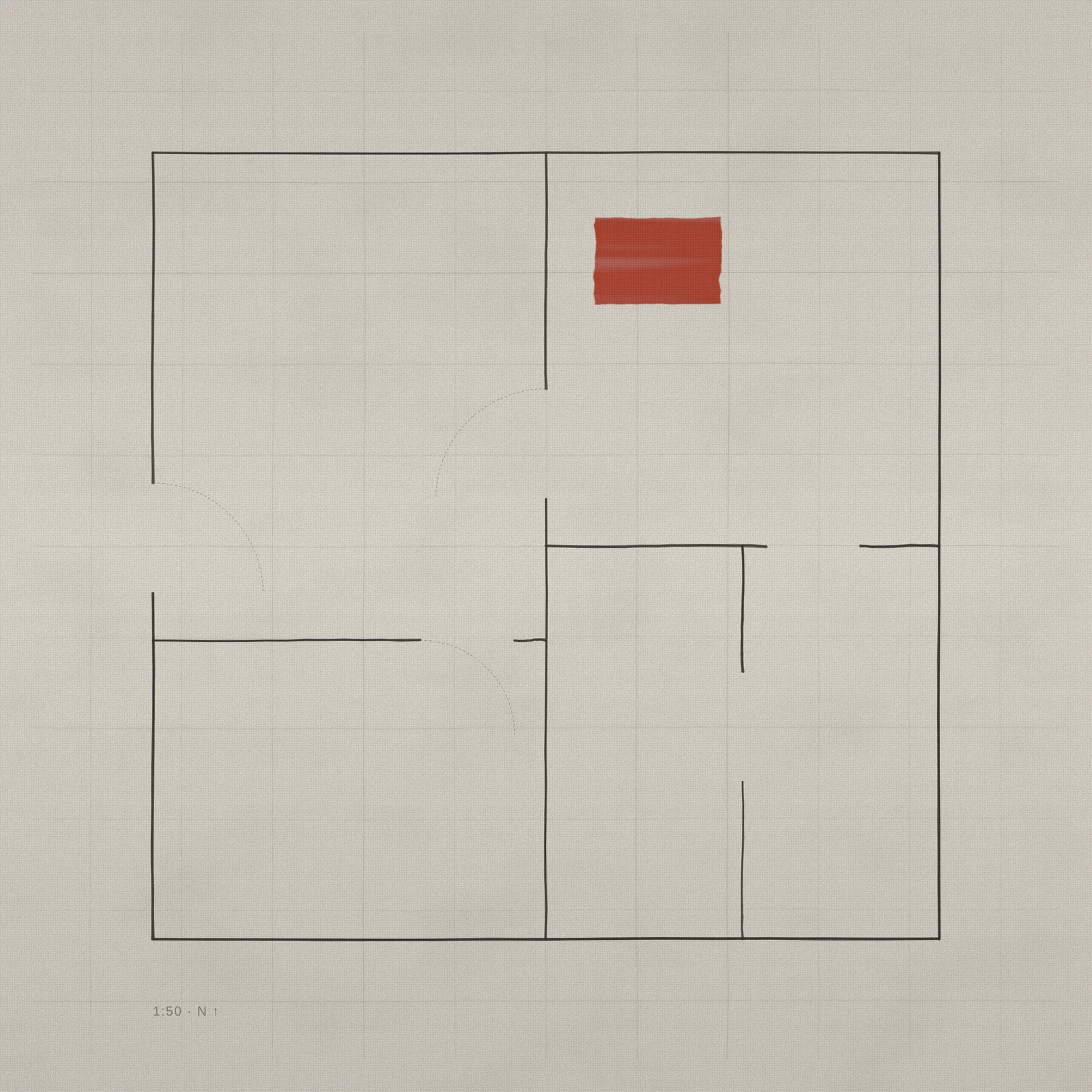 A hand-drawn graphite grid on pale gesso, lines slightly trembling, with one small red rectangle off-centre.
