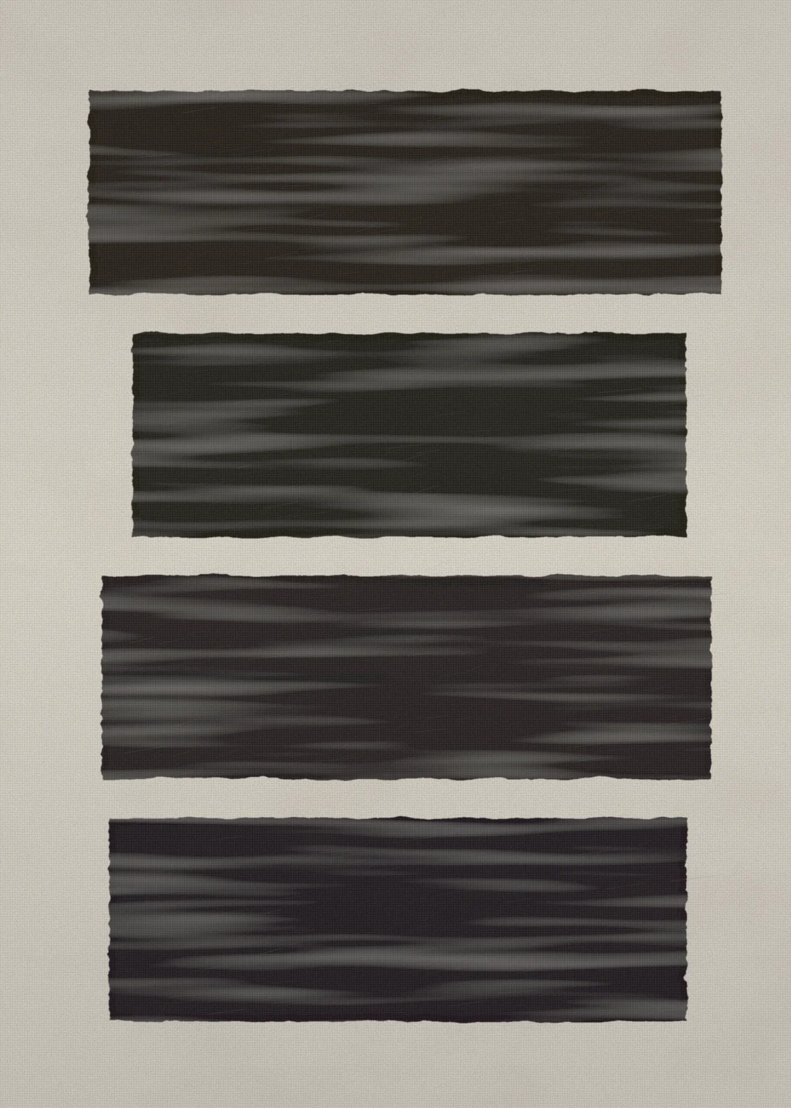 Stacked black rectangular blocks of graphite, brutalist and heavy, on a pale plaster ground.