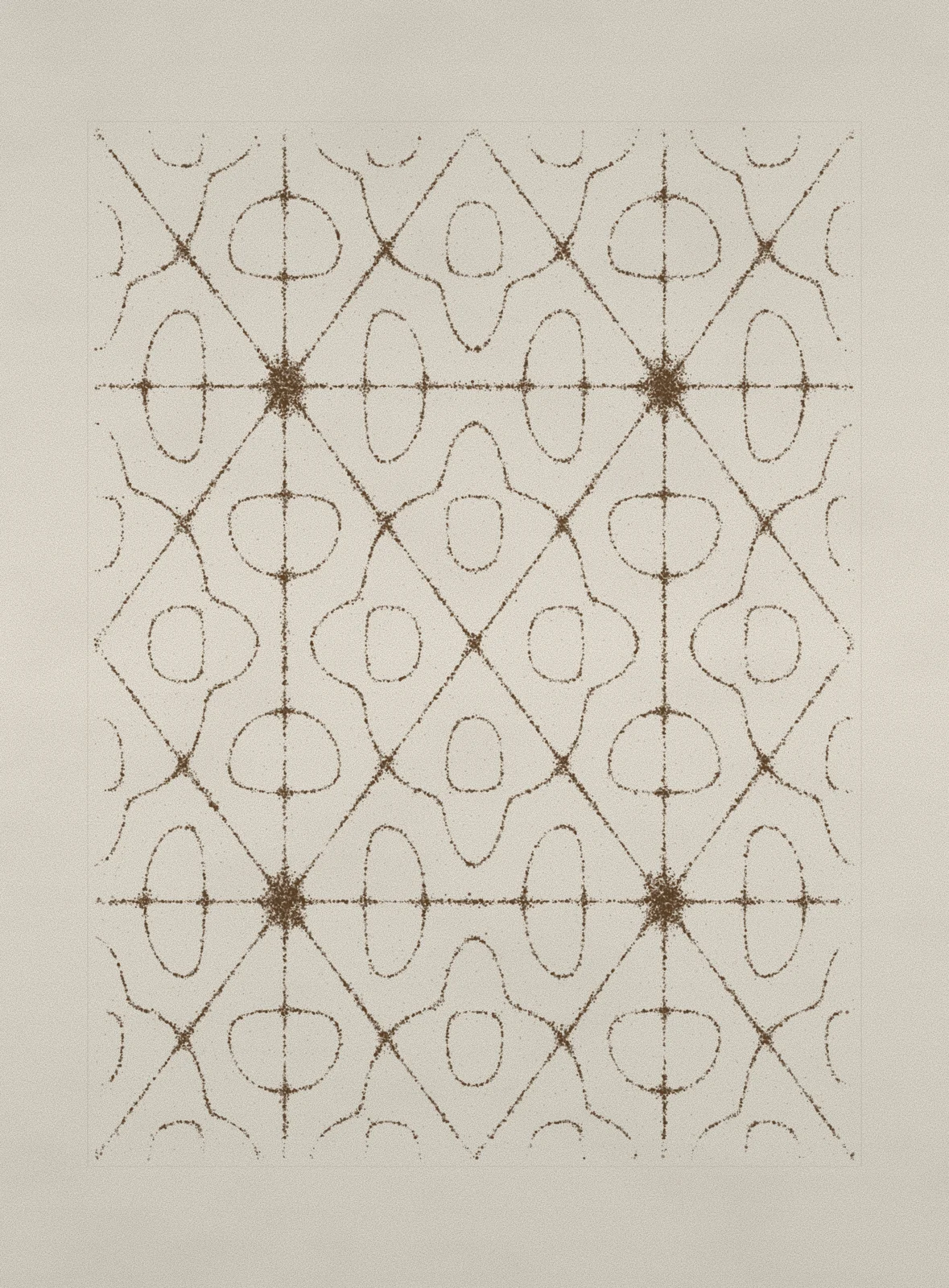 Dense concentric rings of sepia ink radiating from several points, like a Chladni sand pattern on cotton paper.
