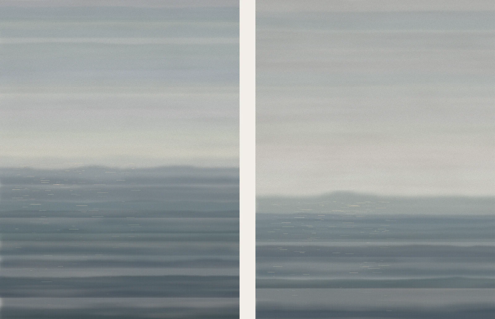 A diptych of two canvases in cool horizontal bands of blue and pearl grey, like a tide chart read as a landscape.