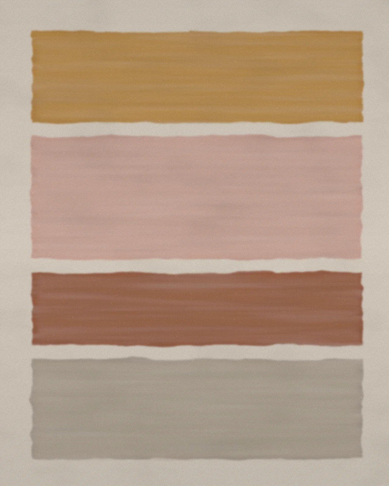 Stacked horizontal fields of ochre, plaster pink and warm grey, soft blurred edges, on raw linen.